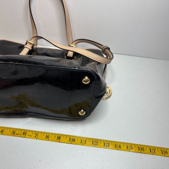 Michael Kors Black Tan Patent Leather Monogram Tote Shoulder Bag Womens Designer - Picture 11 of 11
